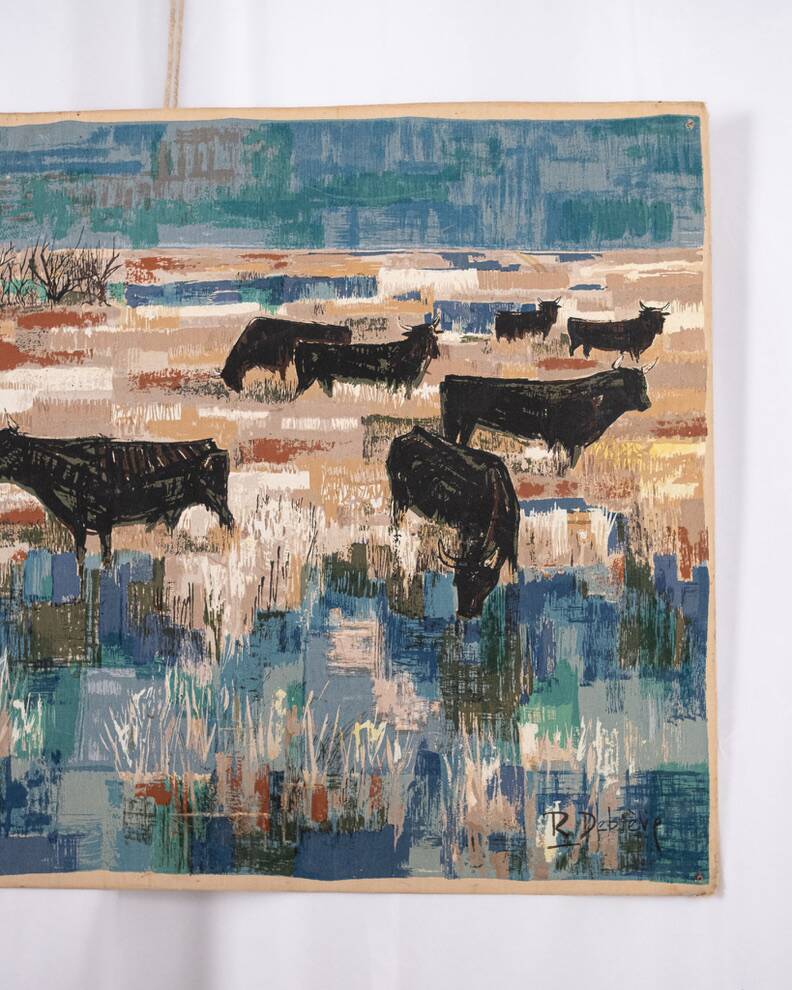 Printed wall tapestry, Bulls in Camargue, Robert Debiève, France