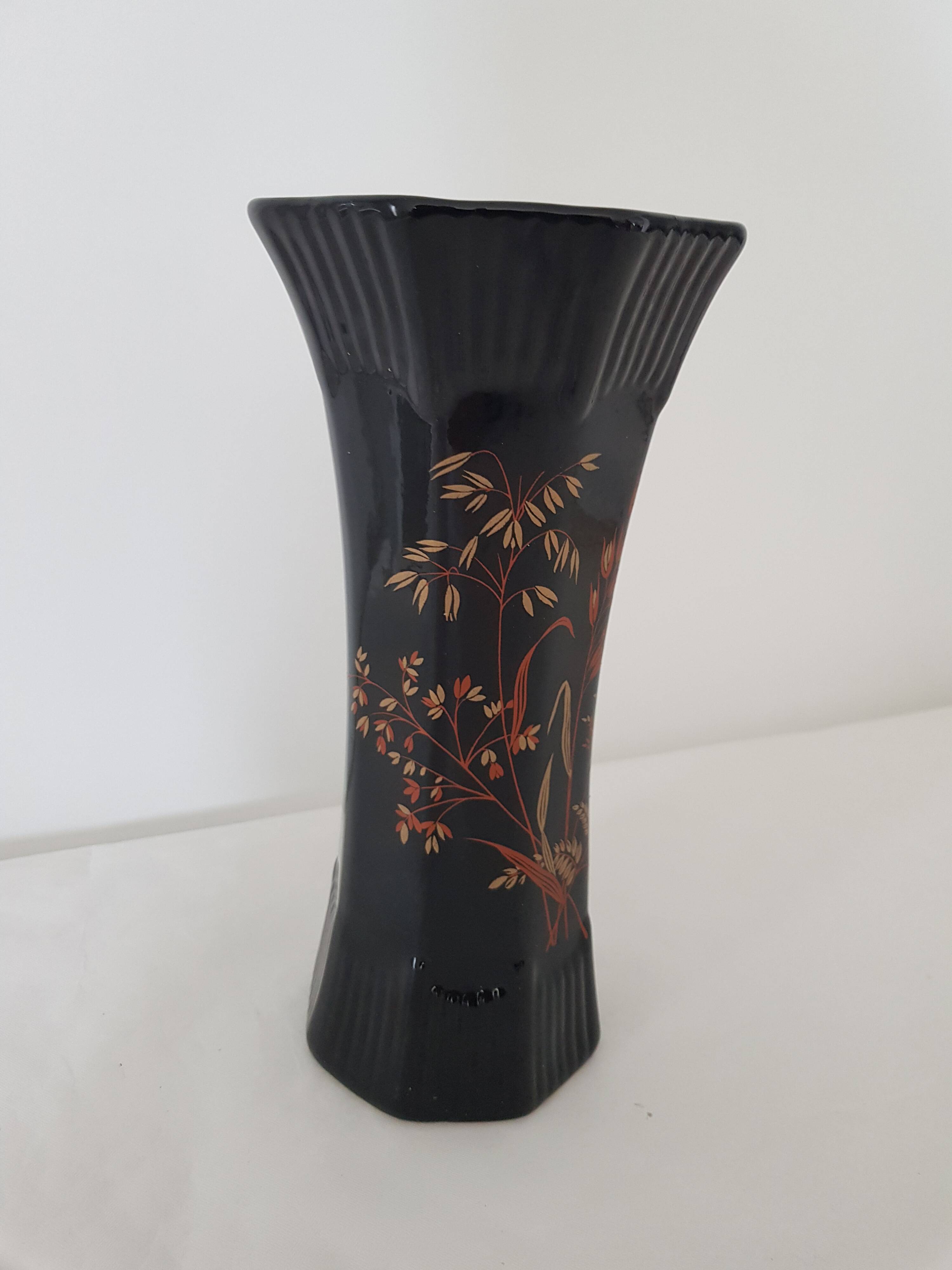 Black octagonal ceramic vase with floral pattern - Signed St Clément - vintage