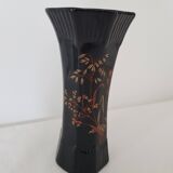 Black octagonal ceramic vase with floral pattern - Signed St Clément - vintage