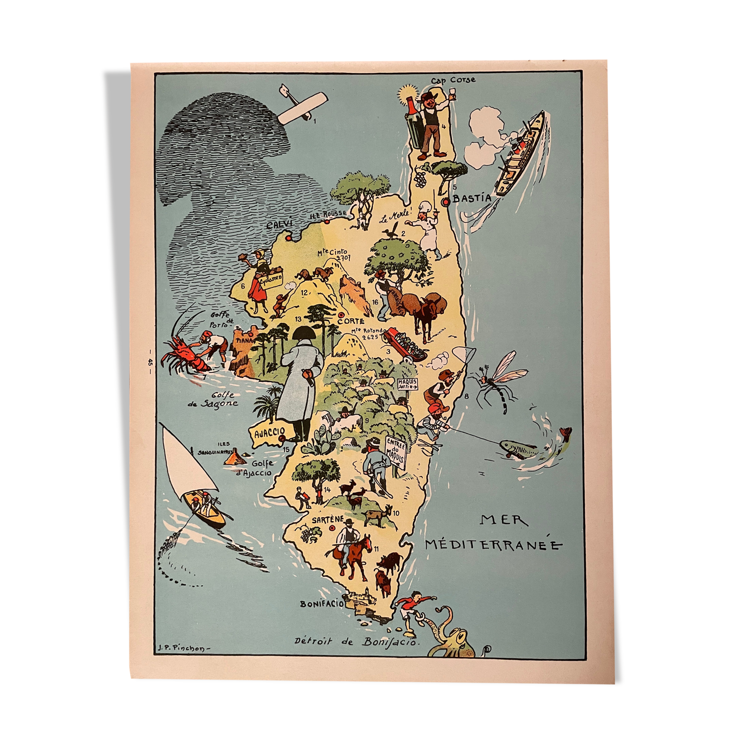 Old illustrated map of Corsica - JP Pinchon