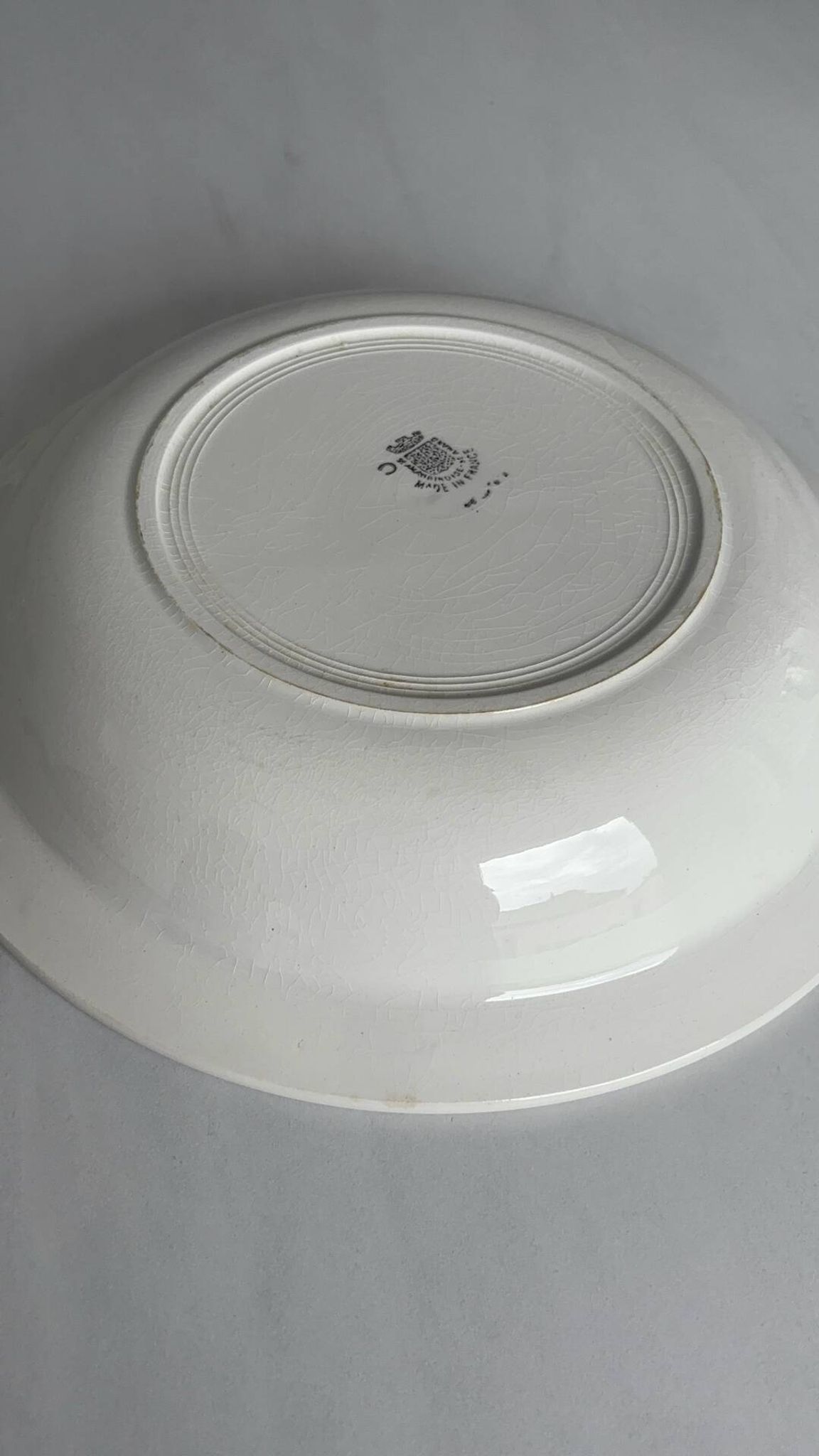 Large round salad bowl, antique blue St-Amandinoise ironstone plate.