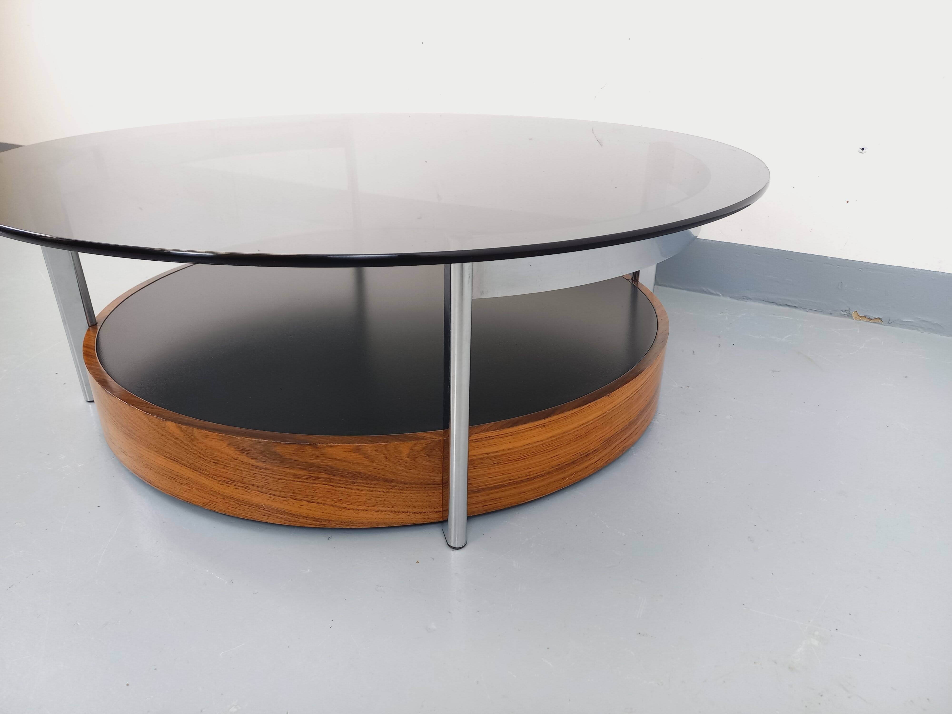 Vintage Italian round coffee table in rosewood, chrome metal, glass.