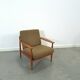 Teak Scandinavische fauteuil met bruin stoffen kussens, stoel 1