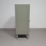 Gray metal locker. Industrial small sideboard.