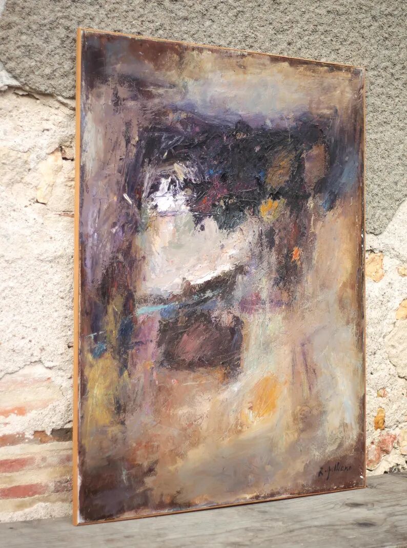 Oil on canvas signed Raymond Galliano, abstract composition, large wall painting, interior decoration.