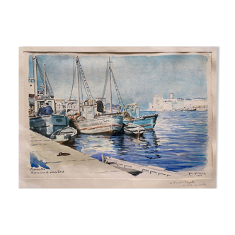 Tableau Aquarelle signée M. Jacquier (?) 1963 "Matin sur le Port de Marseille"