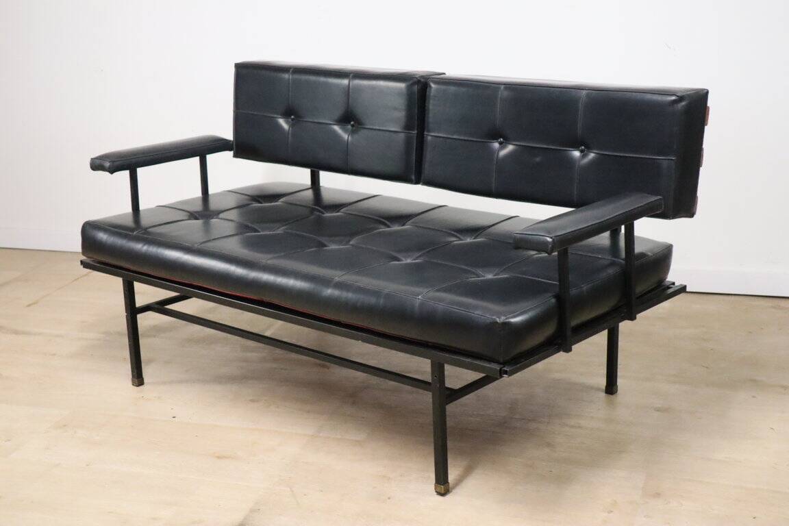 Vintage "Daybed" sofa bench in metal and imitation leather, 1950