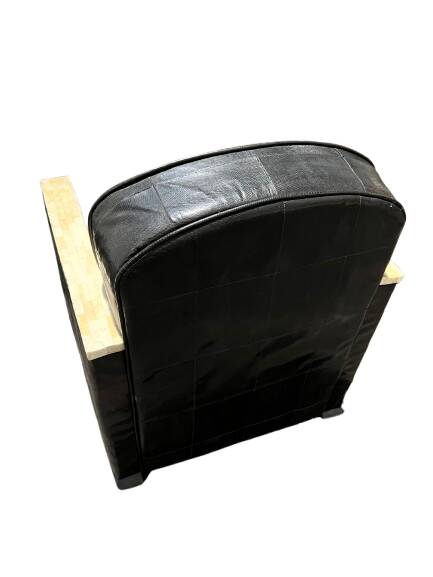 Pair of leather armchairs with marquetry armrests