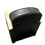 Pair of leather armchairs with marquetry armrests