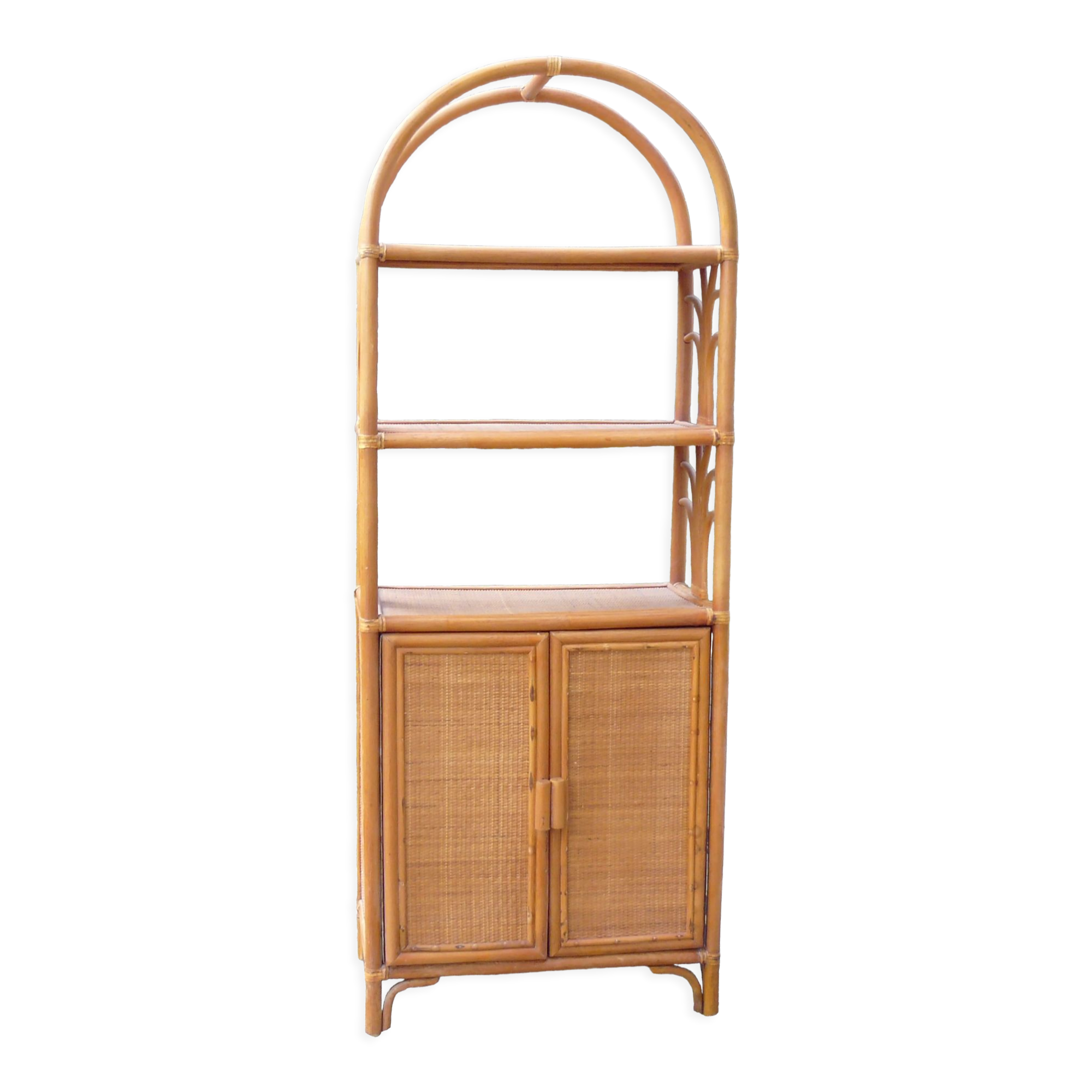 Bibliothèque rotin vintage 1970 meuble 2 portes et étagères
