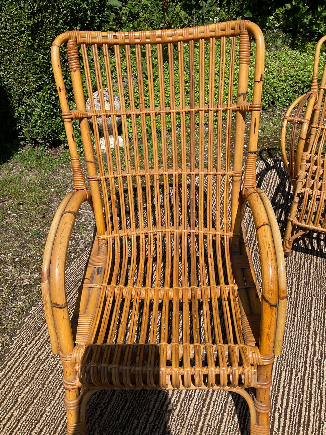 Vintage rattan lounge bench and 2 armchairs