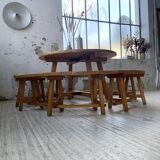 Set of round table and 4 rounded benches, 1950