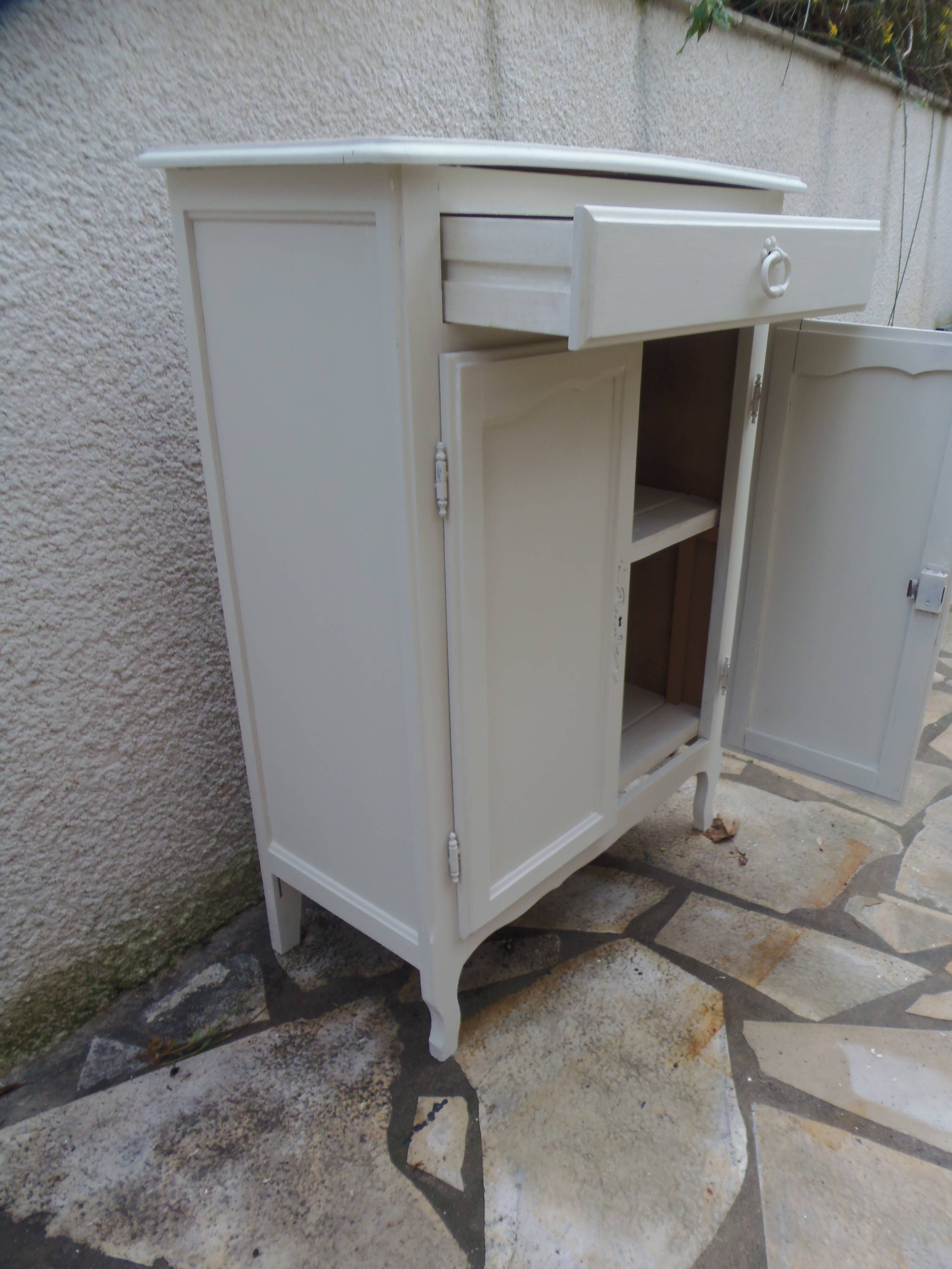 Small vintage buffet reimagined in pearl grey, wooden top.