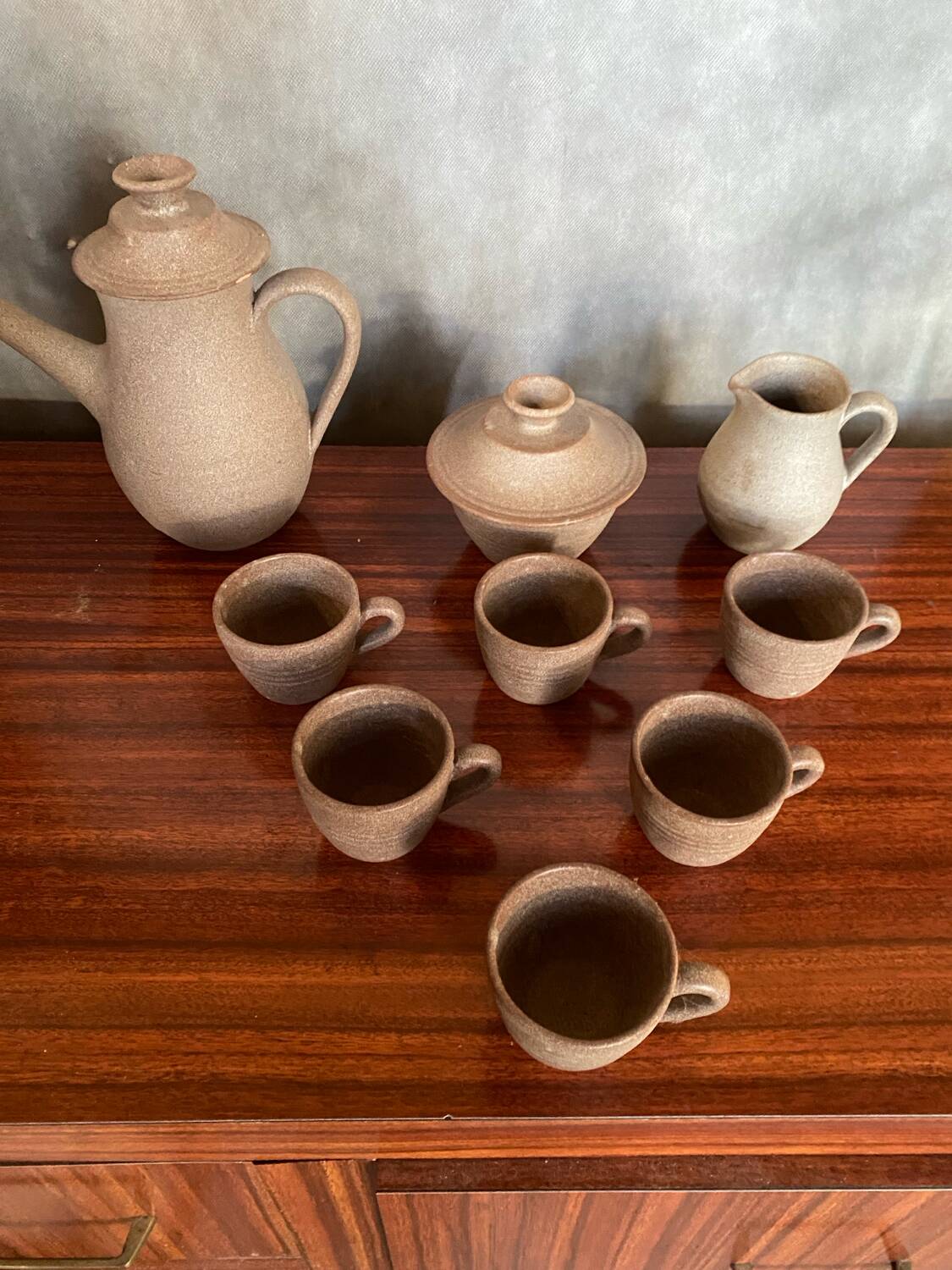 Lot old tea coffee service vallauris style ceramic beige 9p vintage #b843