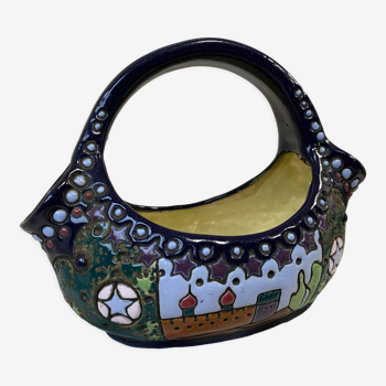 Panier en céramique Arts & Crafts Amphora Bohème Tchécoslovaquie 1900