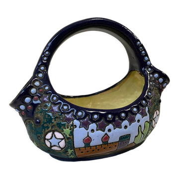 Ceramic basket Arts & Crafts Amphora Bohemia Czechoslovakia 1900