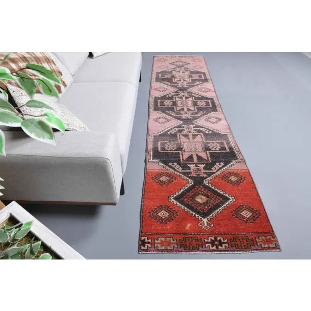 Vintage Turkish hand-knotted wool cotton pink runner 82x312