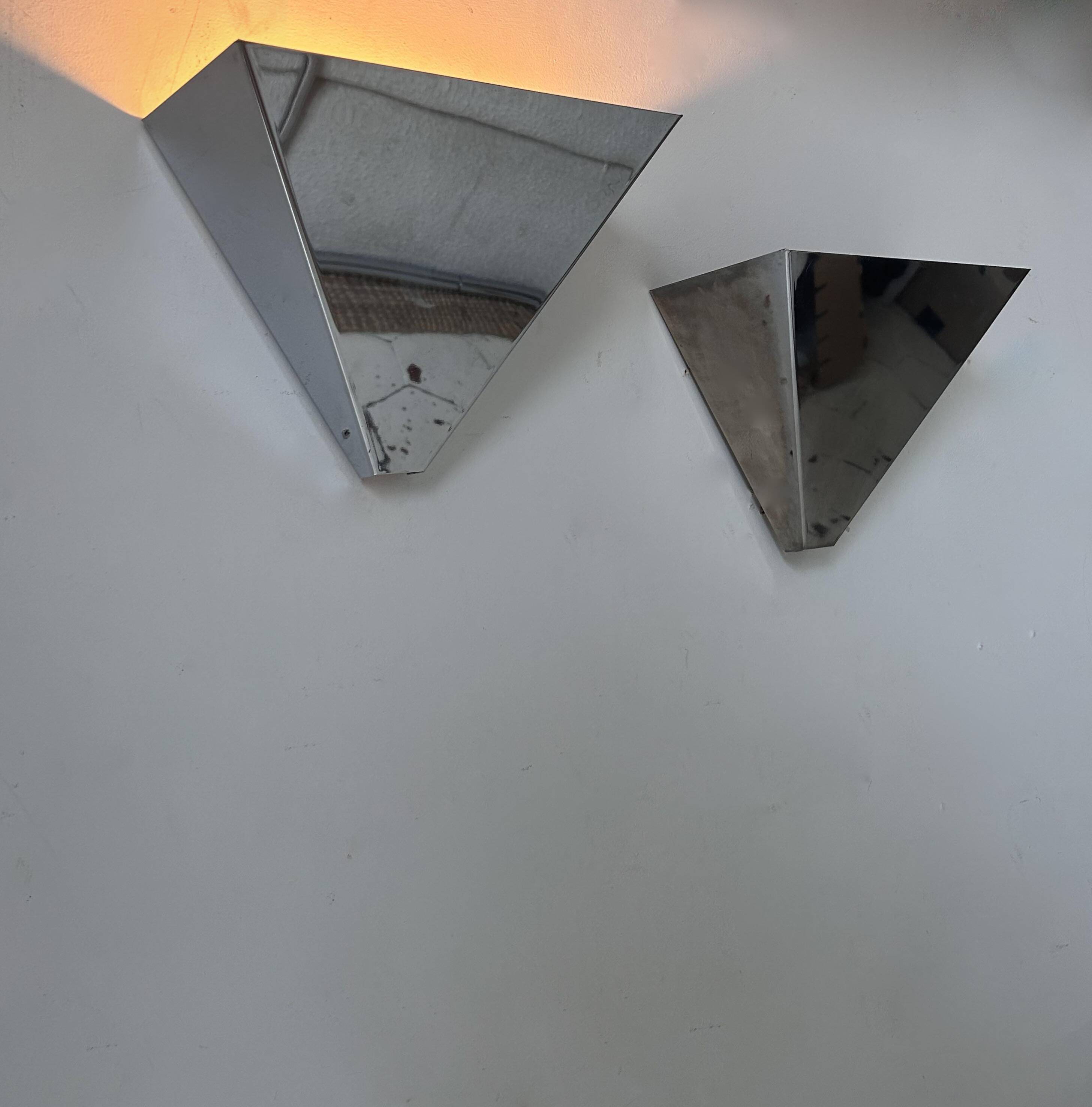 Pair of vintage conical wall lights, chrome metal, Sweden 1970s