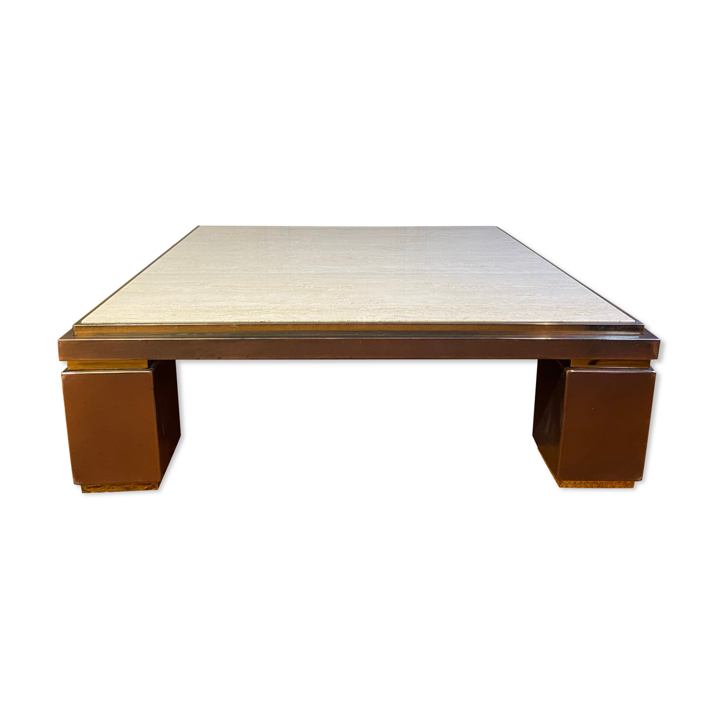 XXL copper, brass and travertine square coffee table, Belgo Chrom