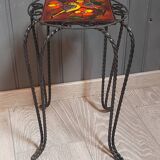 Wrought iron stool and Vallauris pottery signed Leduc.