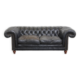 Canapé Chesterfield 2,5 places en cuir de vache noir de style anglais classique