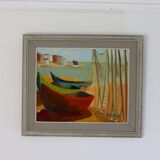 Original Swedish Mid-Century Oil on Panel “Boats and Fishing Nets ” by ALF (Affe) SKAGH (1916-1962)