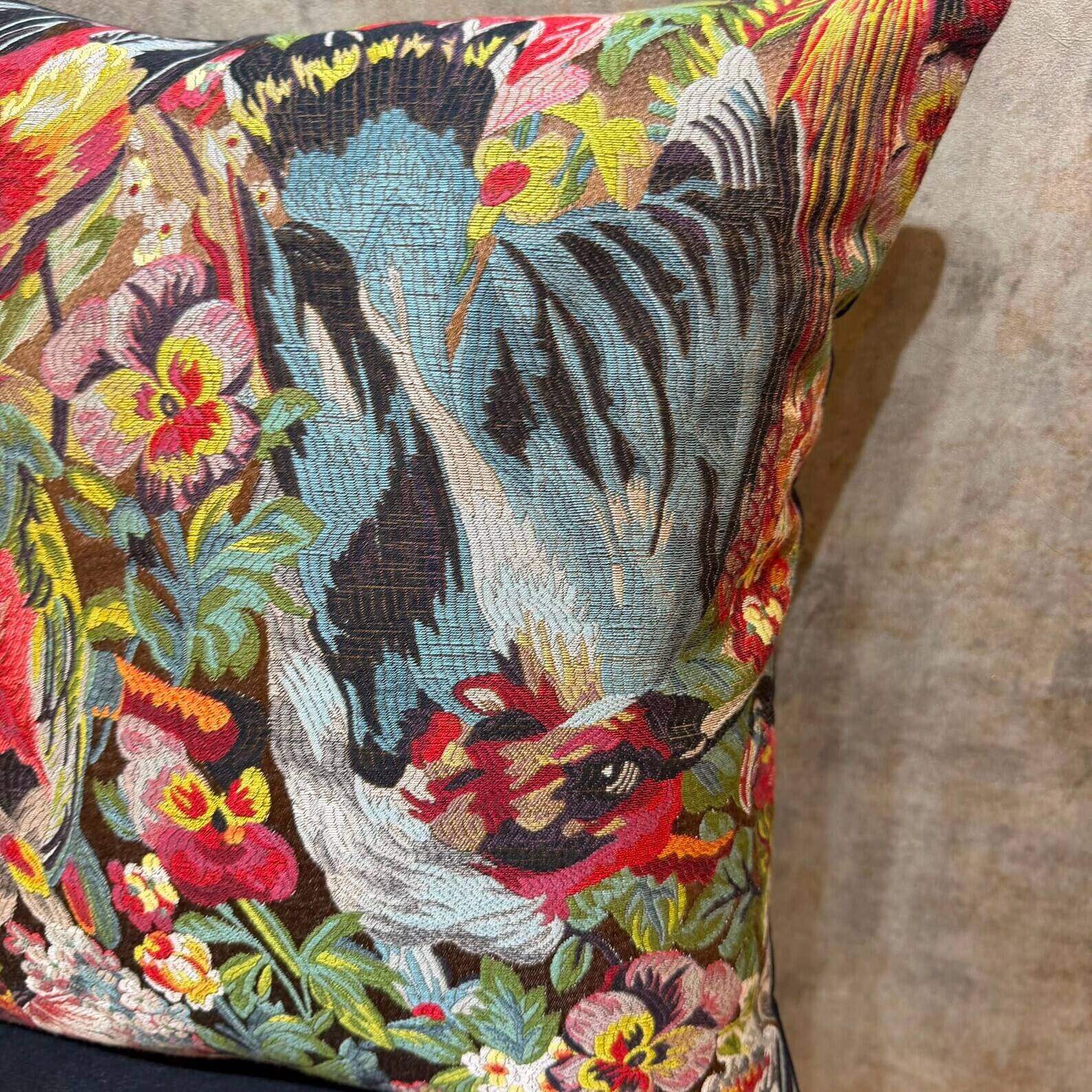 Woven Cushion, Crimson Macaw Parrot Jacquard, Dark Ground Pillow Cover