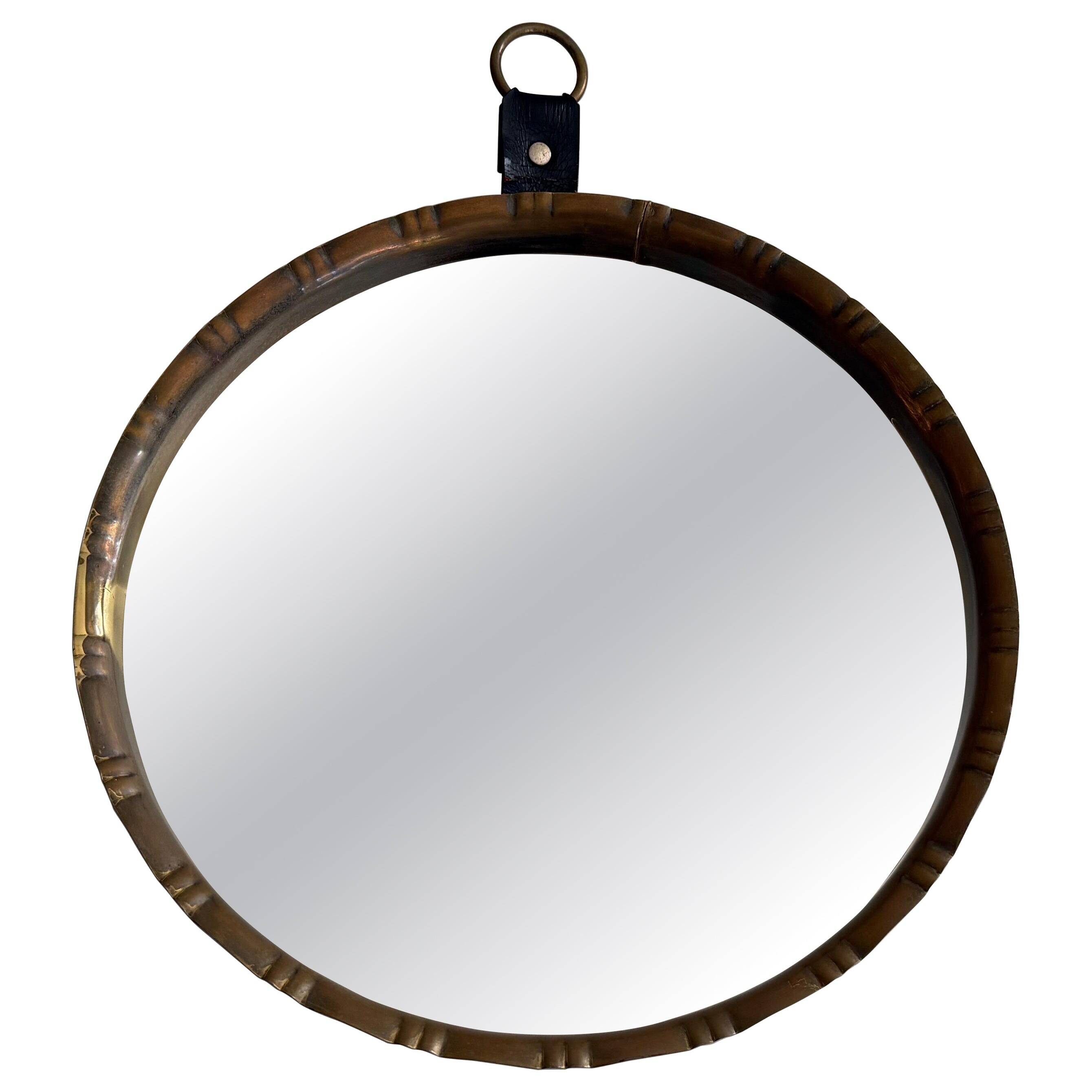 Round wall mirror with brass frame and leather hanger, 1960, Germany