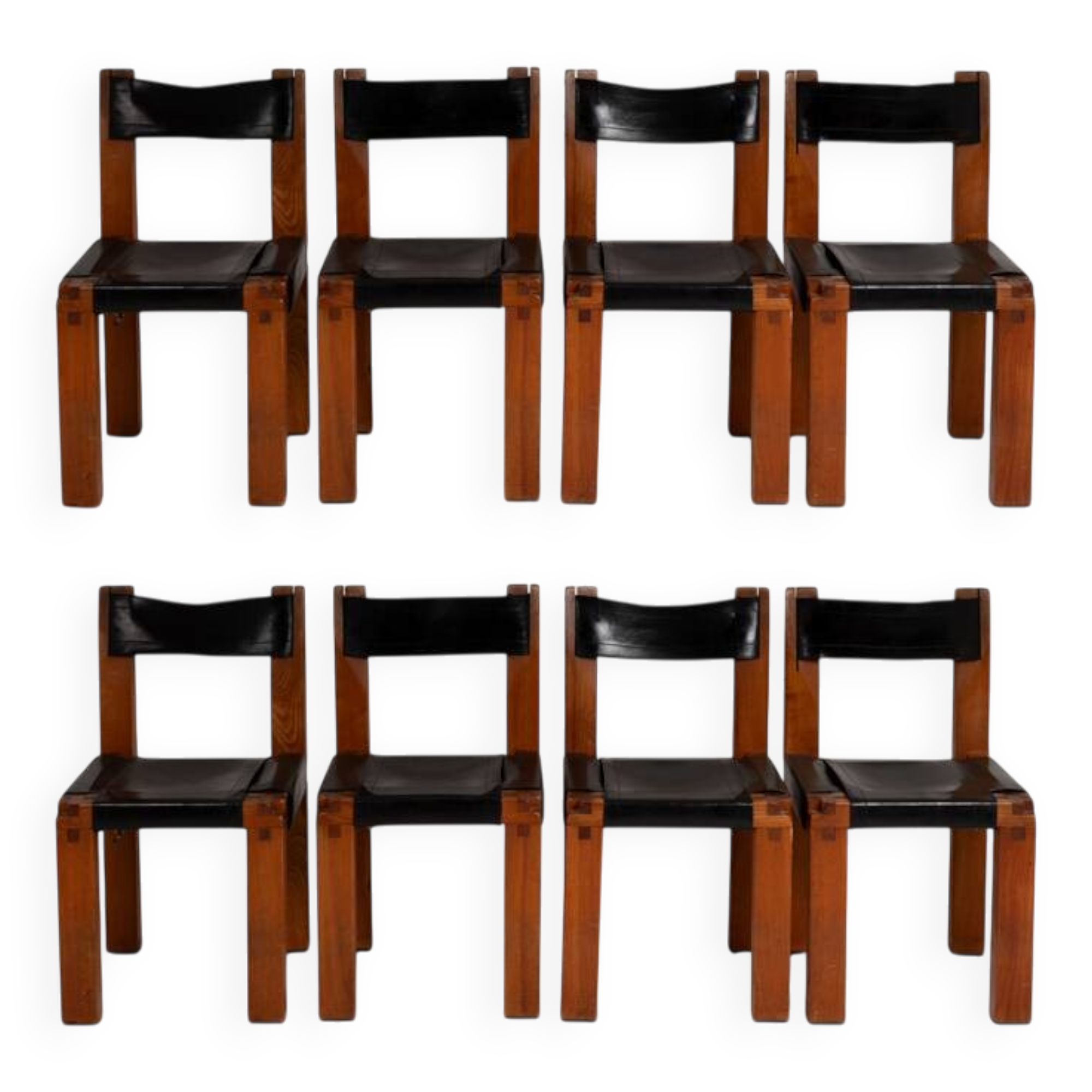 Pierre Chapo. Series of 8 "S11" chairs in elm and leather. 1960s-70s.