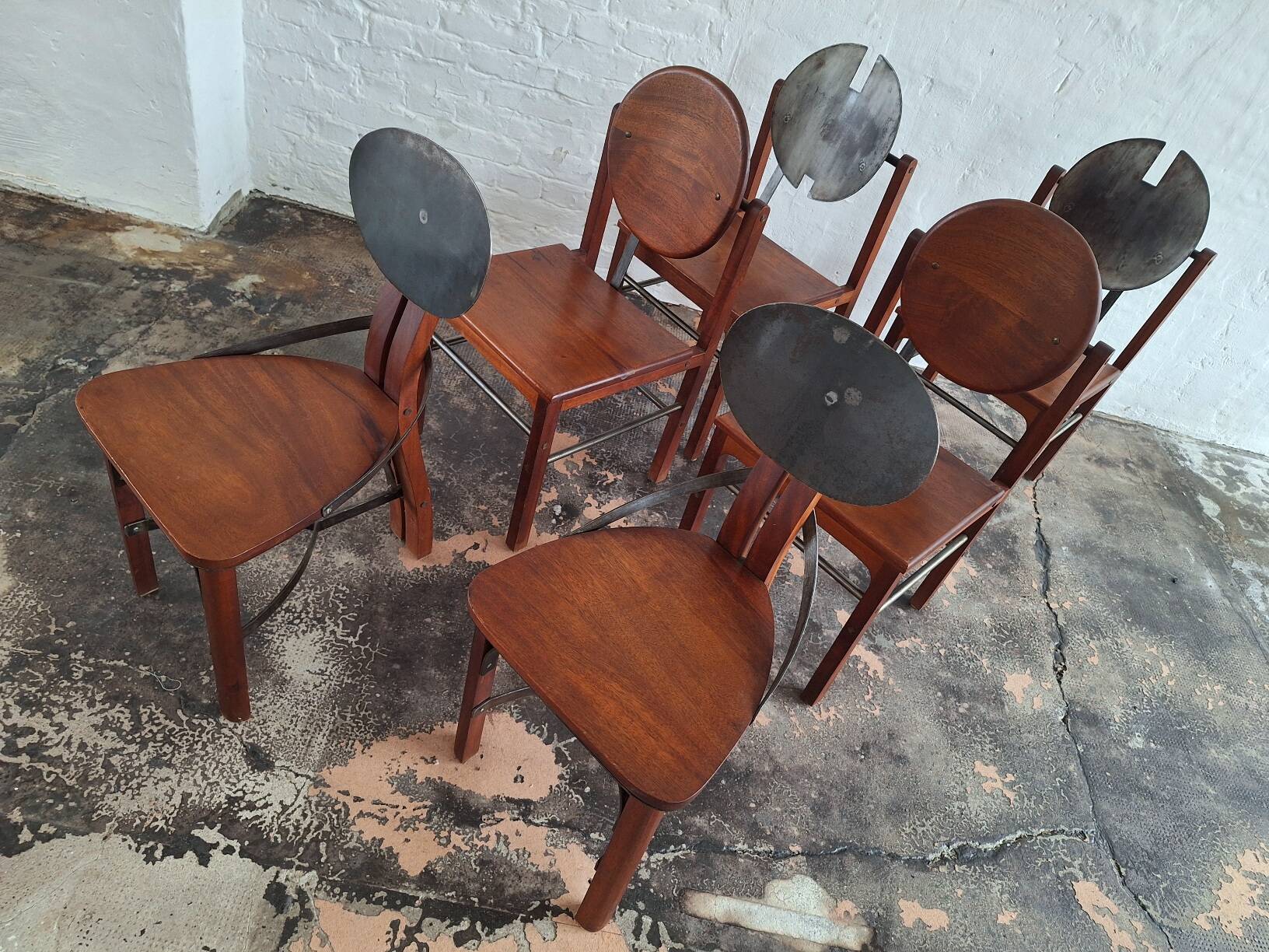 Set of 6 mid century Brutalist teak and steel dining chairs, 1960s
