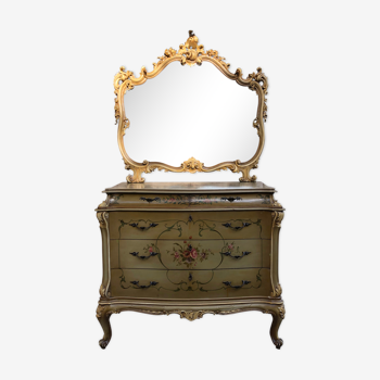 Commode 3 tiroirs peinte et son miroir style vénitien
