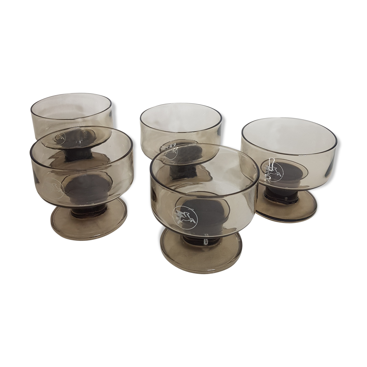 Lot of 5 champagne or vintage dessert glasses, Pegasus, 70s