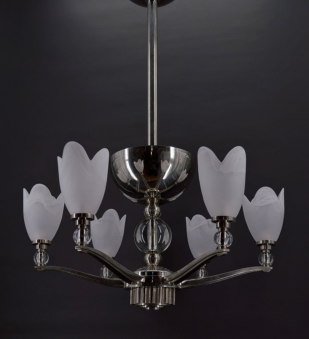 6-spoke Art Deco Modernist chrome chandelier, France, circa 1930