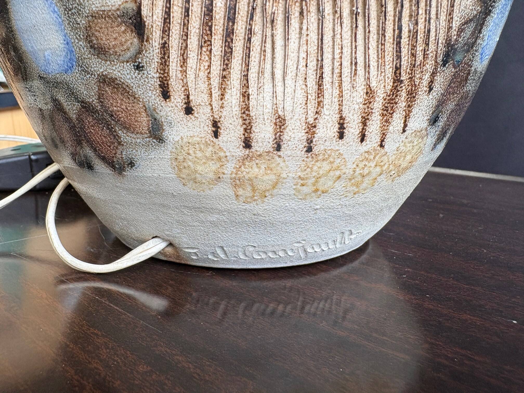 Stoneware lamp (base) signed Joël Courjault for Keraluc – floral decoration