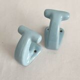 2 patères de salle de bain vintage en céramique bleue