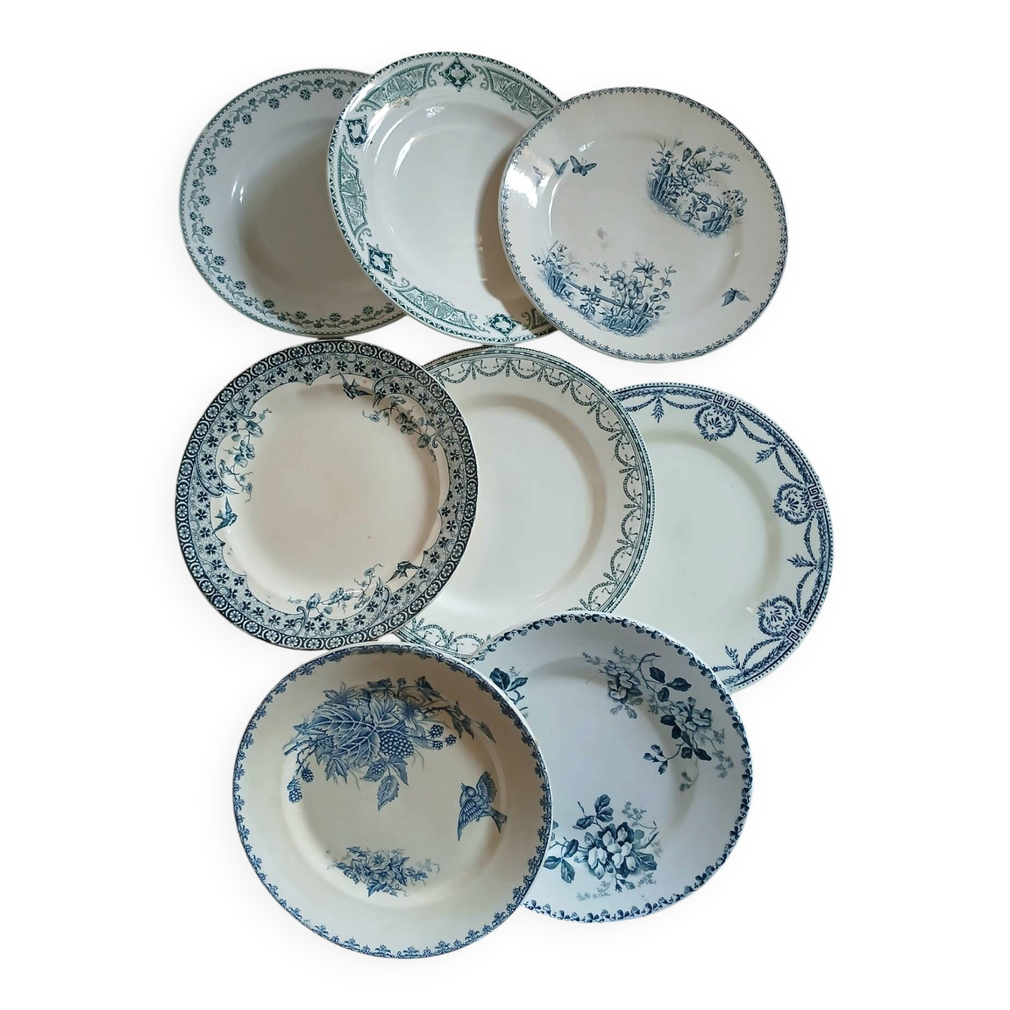 8 mismatched ironstone dinner plates