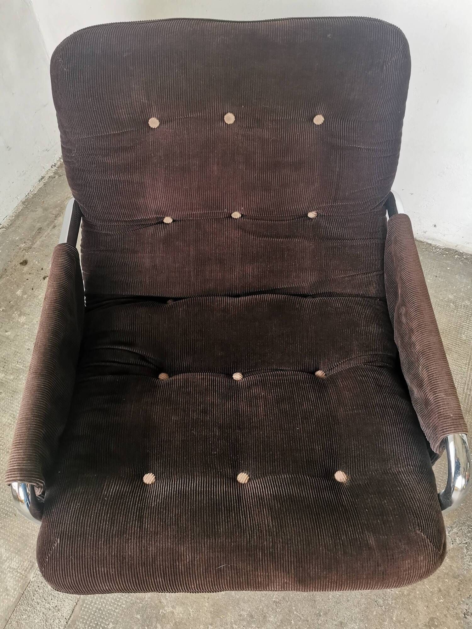 Velvet and tubular metal armchair 1980