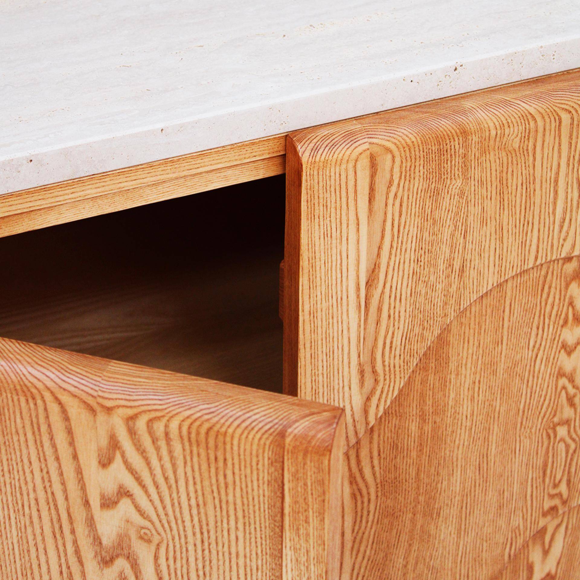 Contemporary Handcrafted Oak Solid Wood And Travertine Italian Sideboard