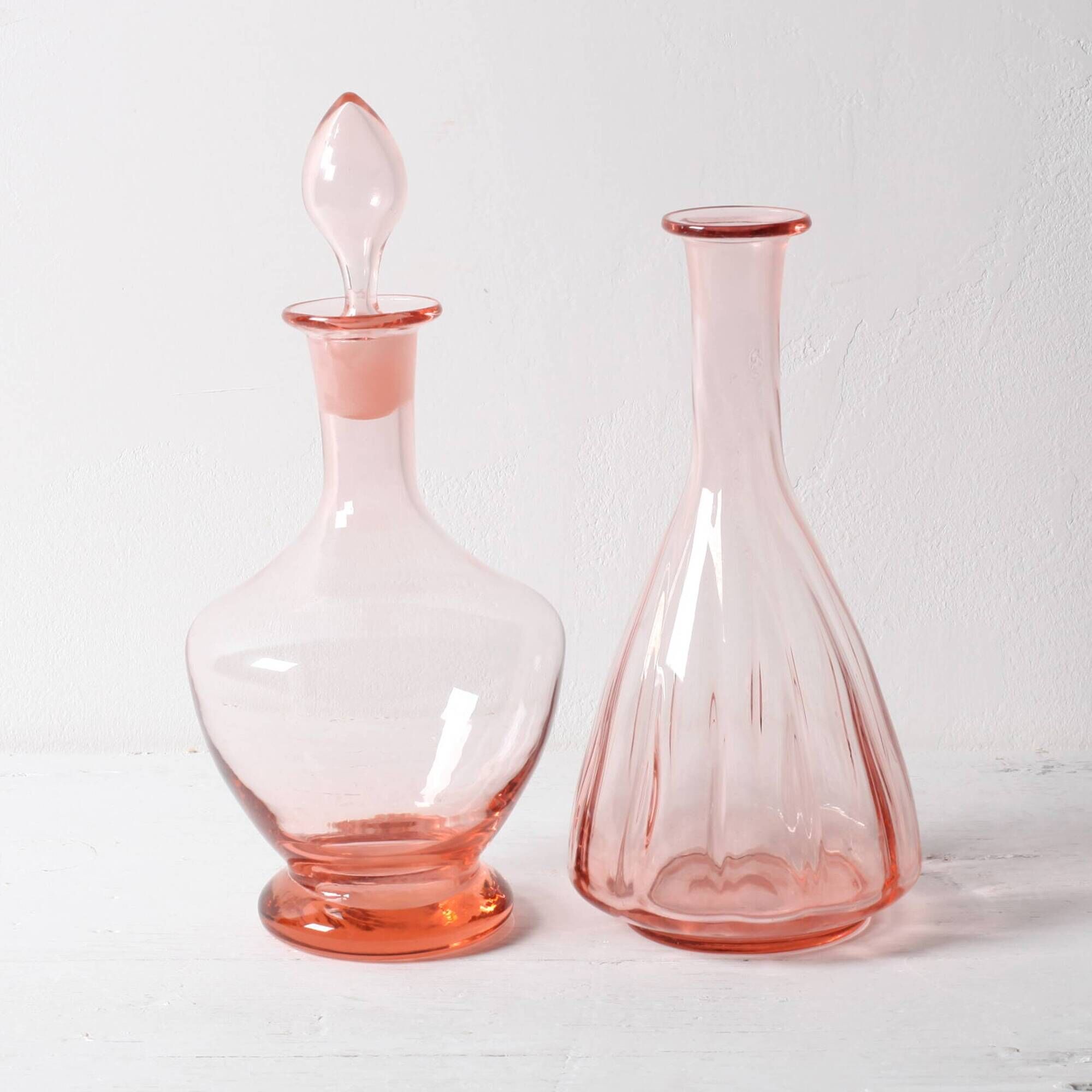 Pair of Rare Vintage Pink Glass Decanters / Empoli / Italy / 1930s