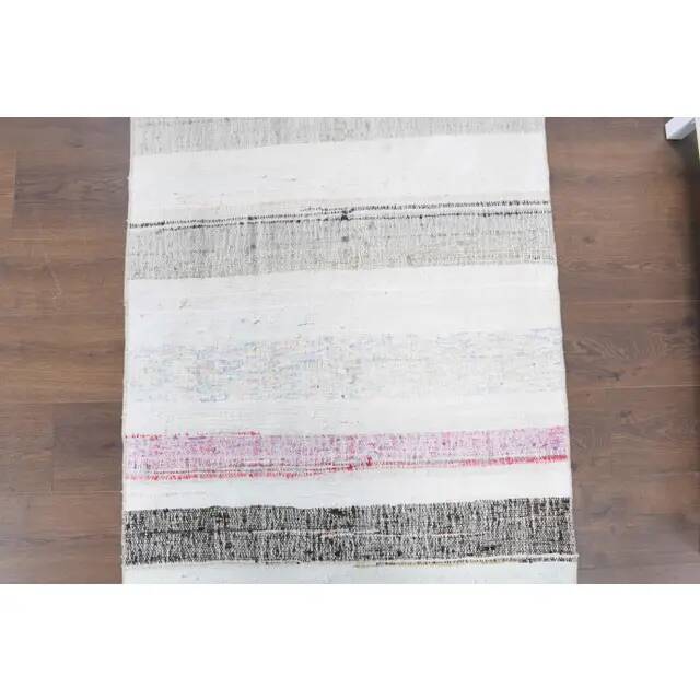 Vintage Turkish hand-knotted wool cotton white kilim runner rug  95x265