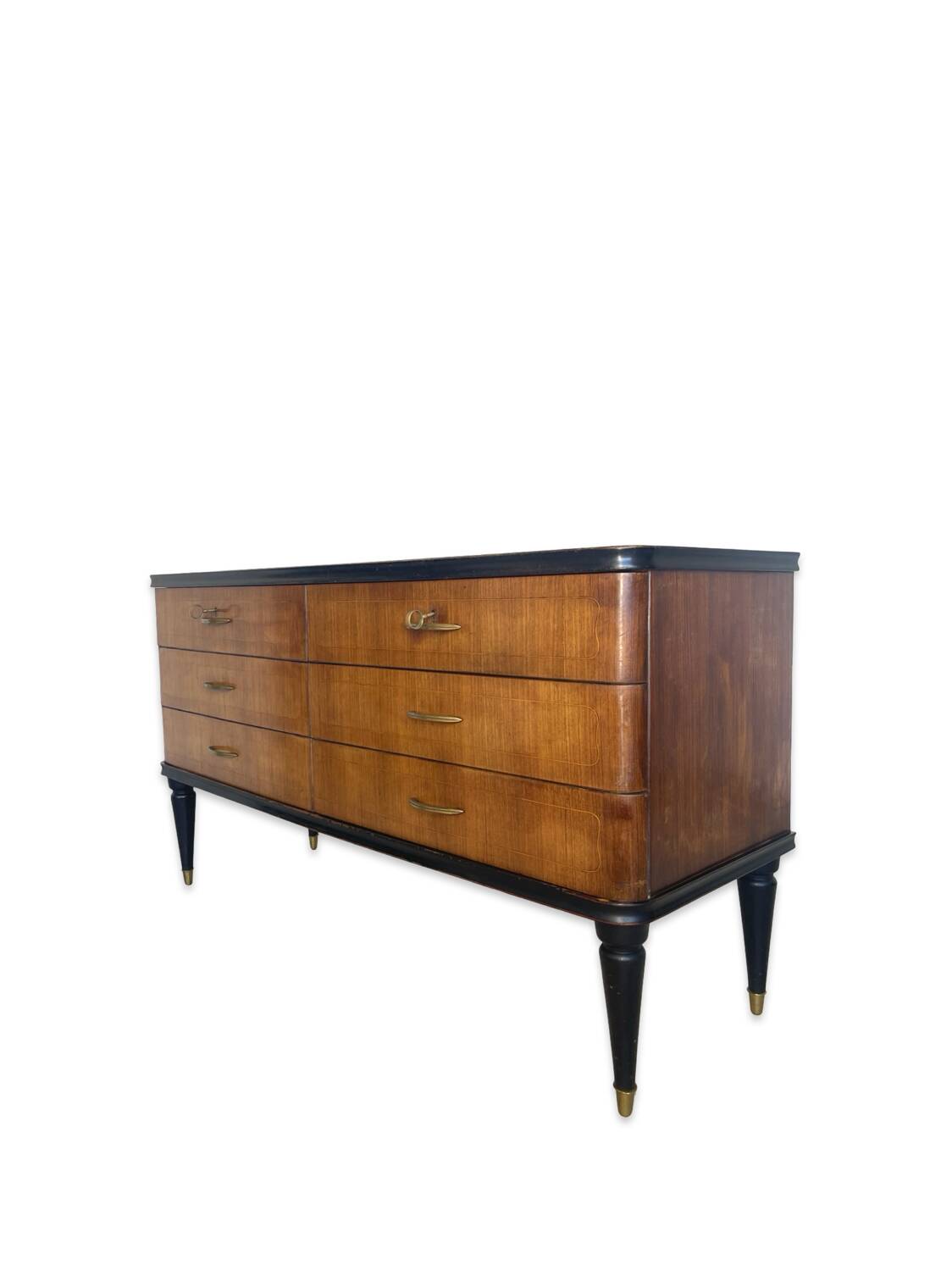 Commode en acajou plaqué avec plateau en verre vert, années 1950