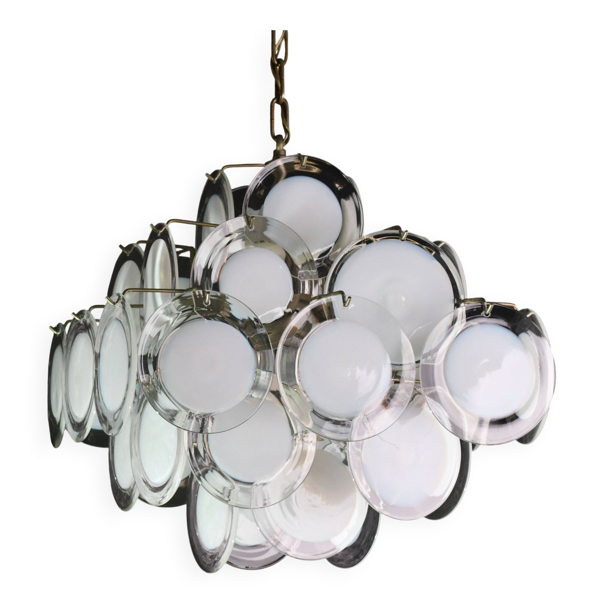 Large 36 Murano Glass White Disc Chandelier by Vistosi, 1970s