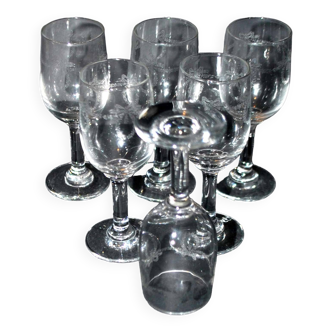 Portieux set of 6 old liqueur glasses, ferdinand model, ribbons and garlands of flowers, 1910