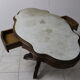 Art Deco wheeled table with 2 walnut drawers on white marble top