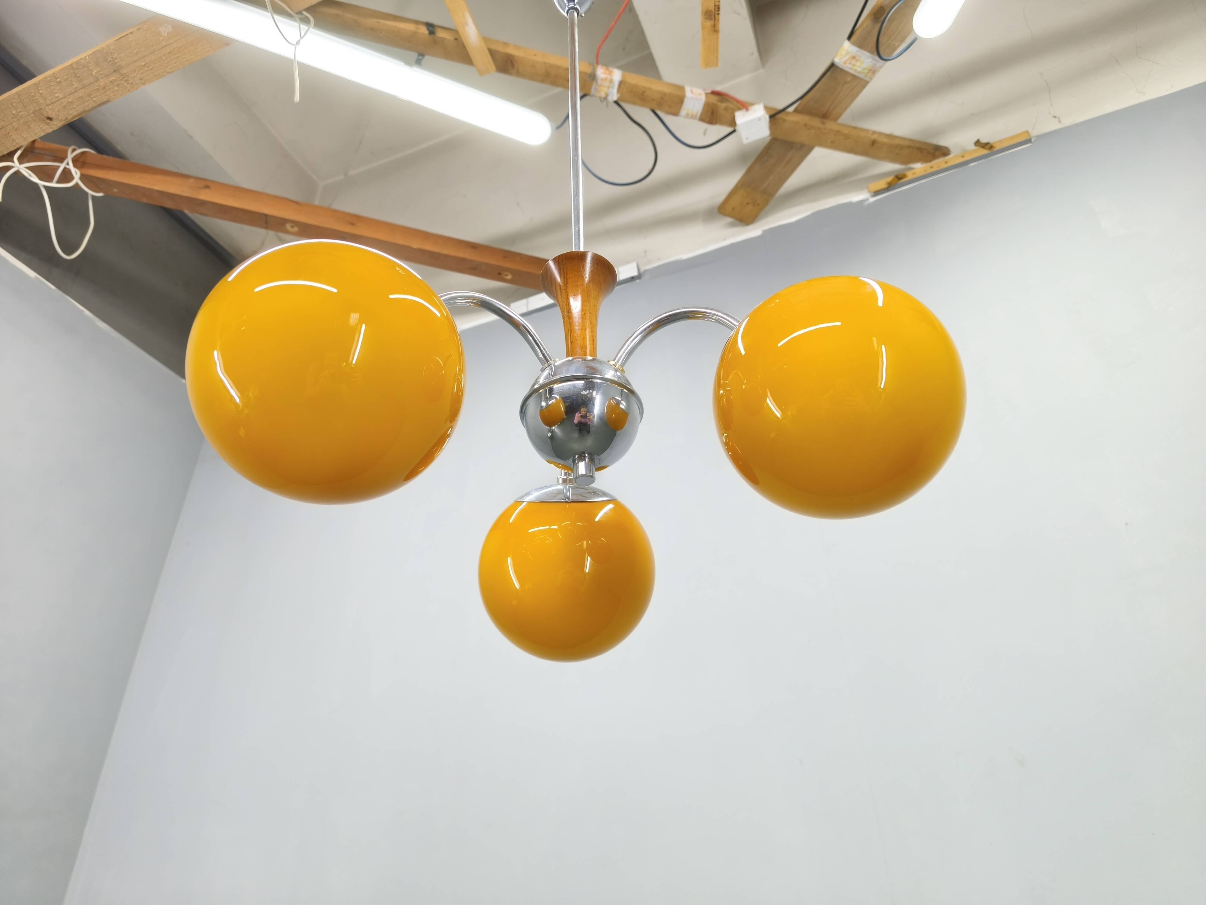 Bauhaus Chandelier with Colored Glass Globes, Czechoslovakia, 1930s