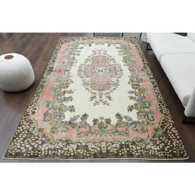 1970s Vintage Turkish Oushak Handmade Wool Cotton Beige Area Rug 179x311