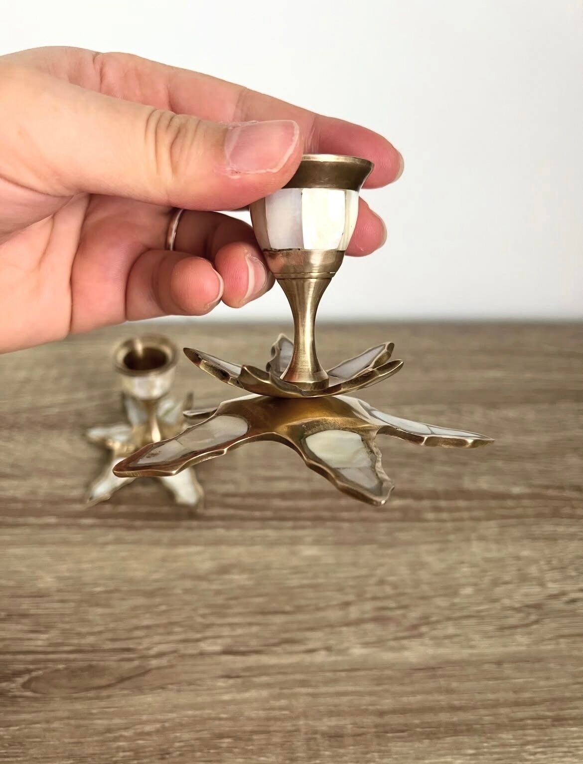 Pair of vintage brass and mother-of-pearl candle holders
