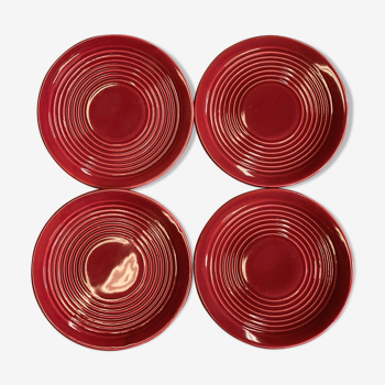 Set of 4 plates of red enamelled earthenware bread 1950