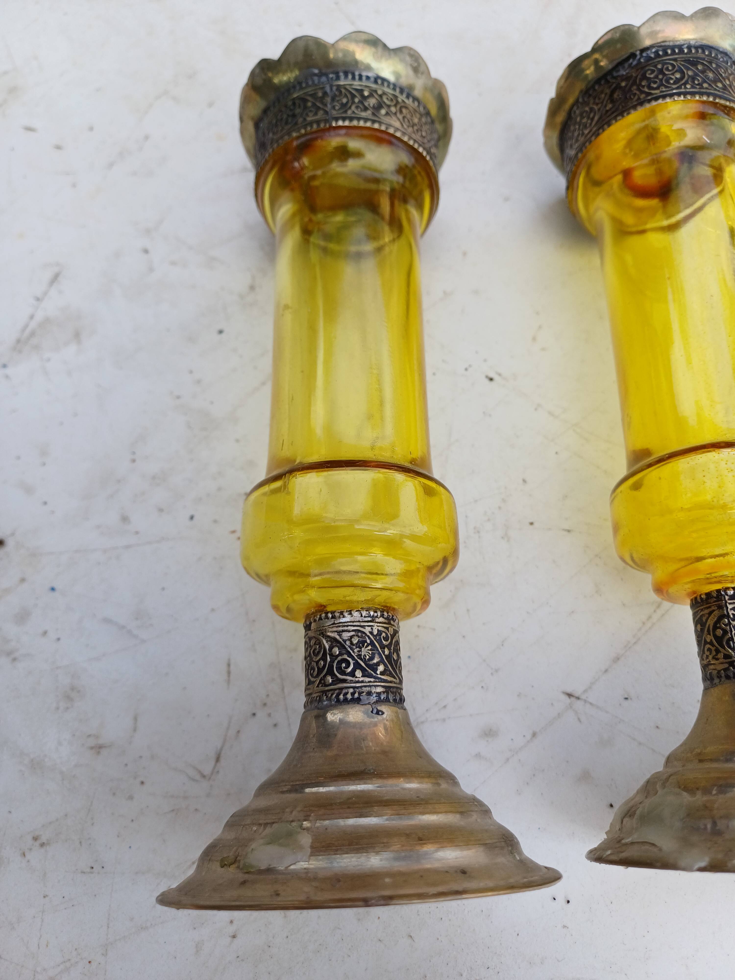 Pair of Silver Metal Candlesticks, Yellow Glass