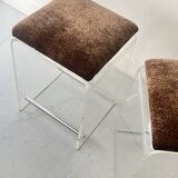 2 bar stools in plexiglass, chrome and leopard velvet, 1970s design